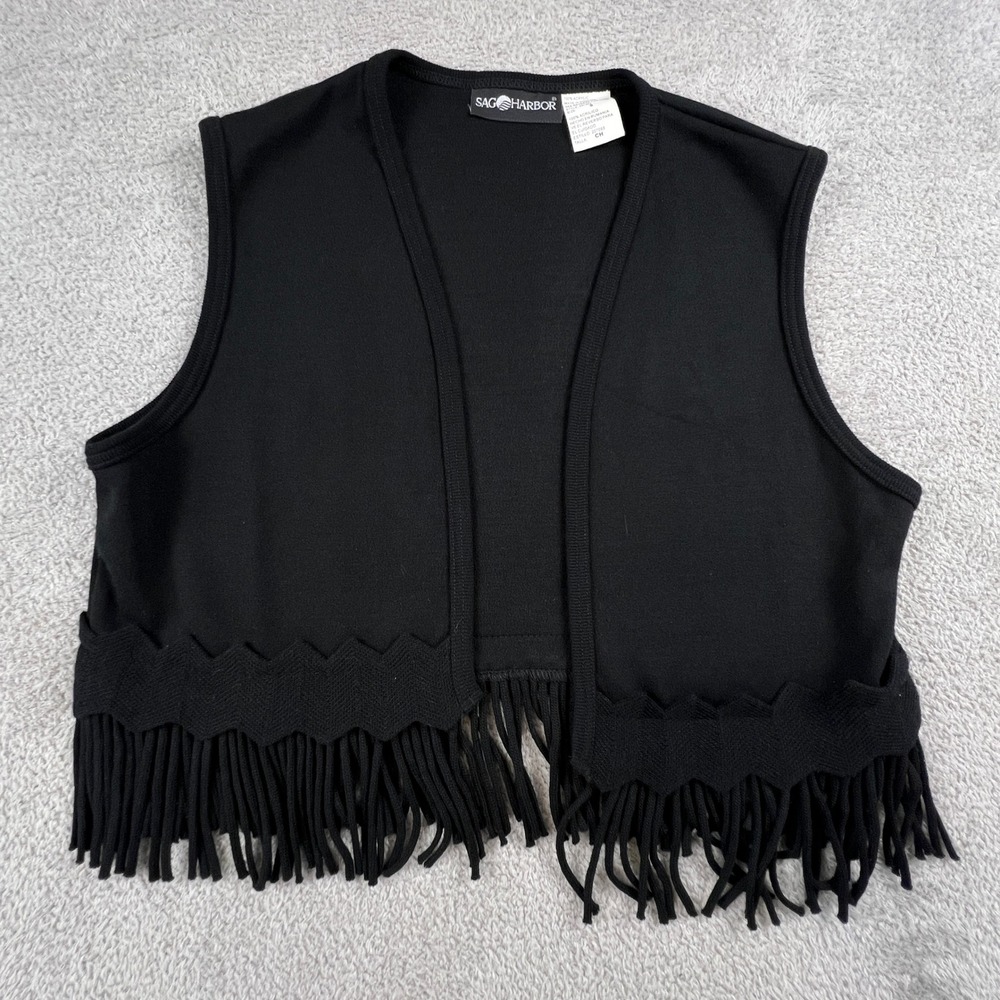 Fringe Knit Vest Women Small Black Open Front Boho Western Festival